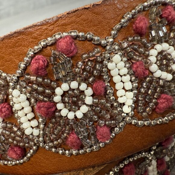 Lucky Brand Brown Leather Beaded Belt Silver-Tone Buckle & Floral Design Size S - Picture 3 of 16